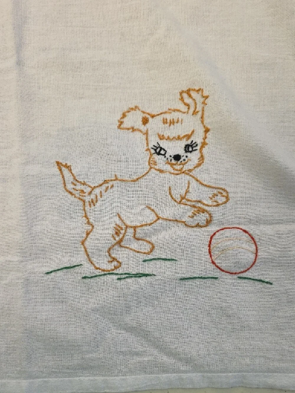 Embroidered White Puppy Kitchen Towel